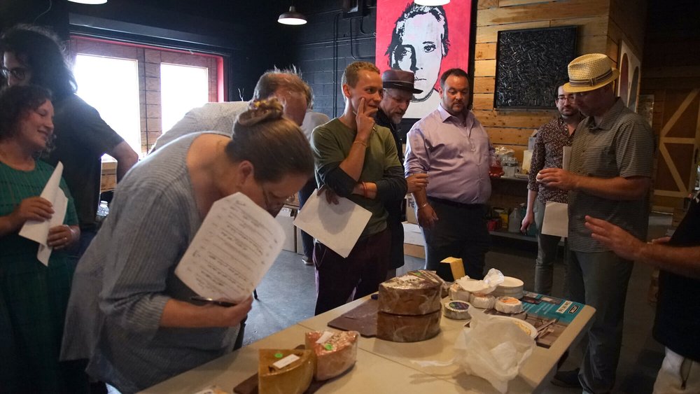 Judges inspecting the winning cheeses